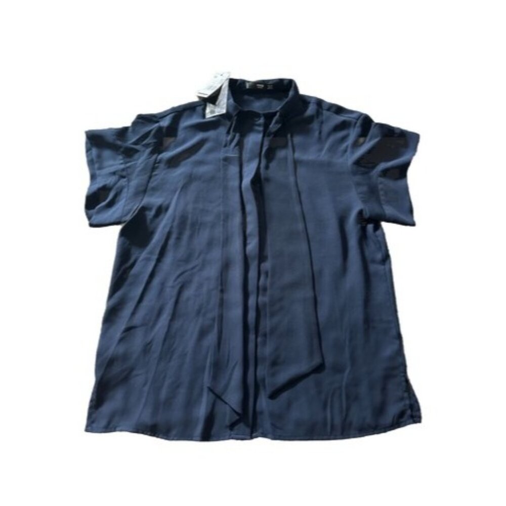 MNG Suit by Mango Blouse Neck Tie Short Sleeve Sheer Navy Top Career Size 2